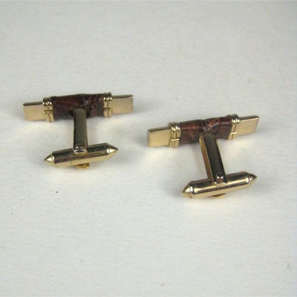 Leather Goldtone Set 2 Cufflink Vintage Bullet MCM MOD Midcentury Modern - Picture 4 of 6